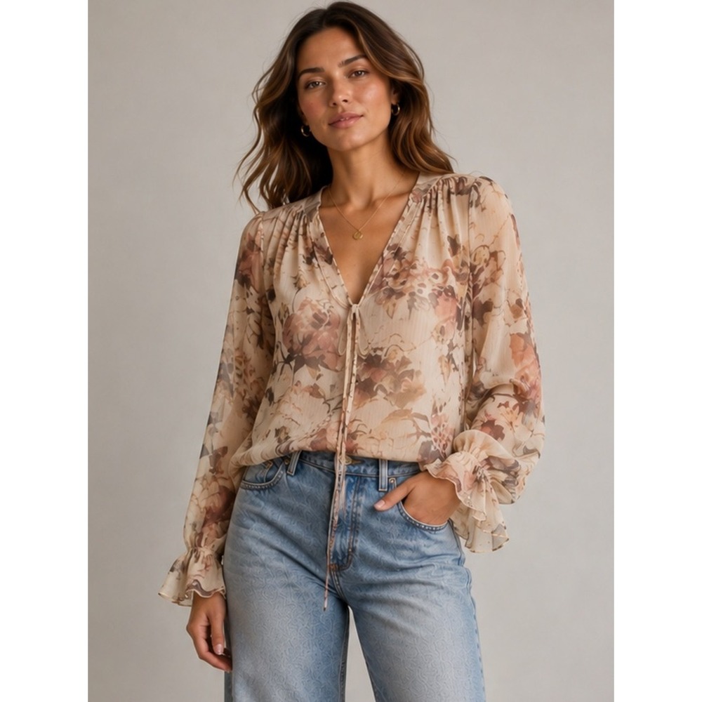 Lauren Ralph Lauren Blouse Polyester Floral Tie-Neck XS Peasant Top